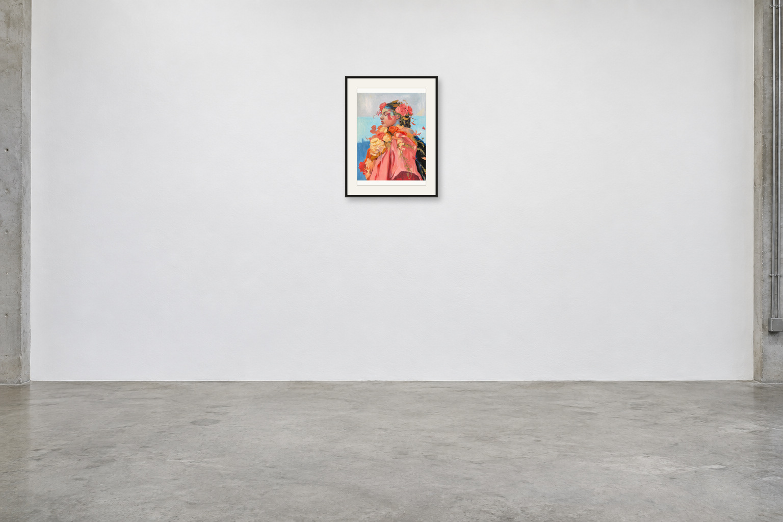 Flora’s Reverie — A2 artwork shown with a black frame and white mat in a gallery