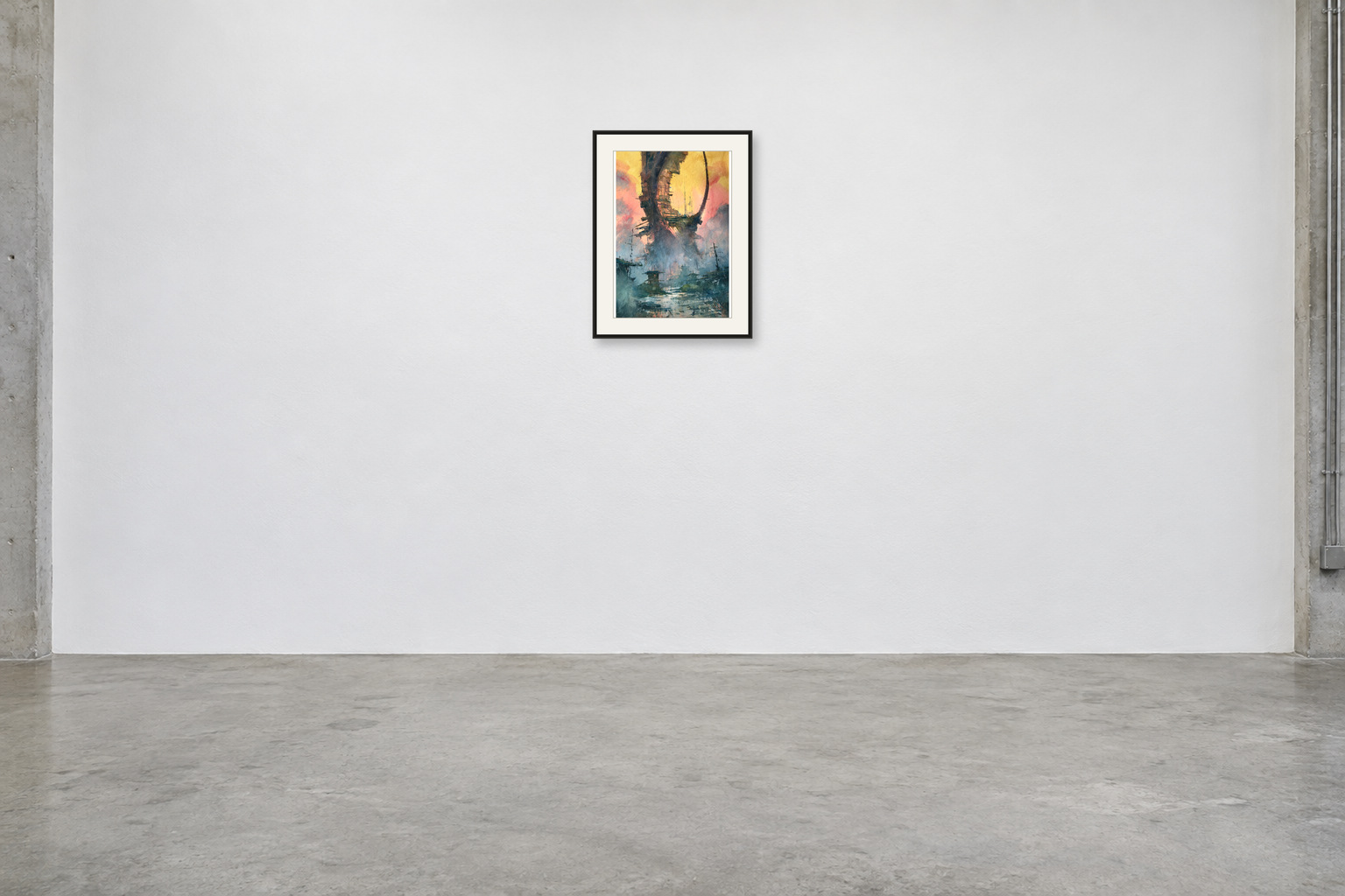 The Sky Foundry — A2 artwork shown with a black frame and white mat in a gallery