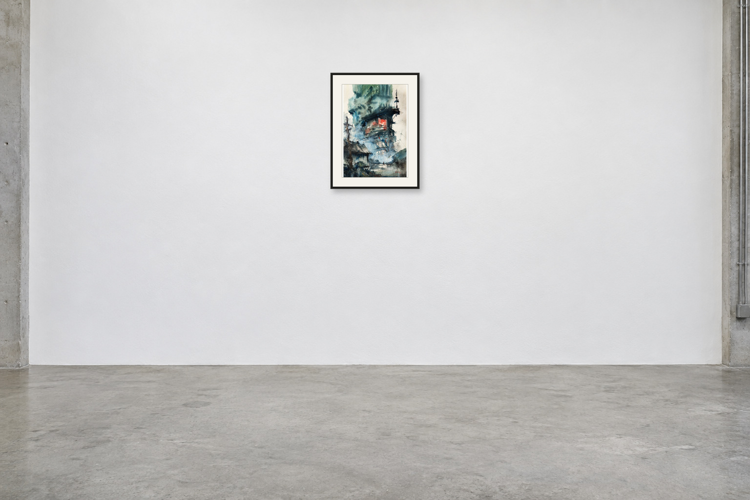 Lantern in the Mist — A2 artwork shown with a black frame and white mat in a gallery