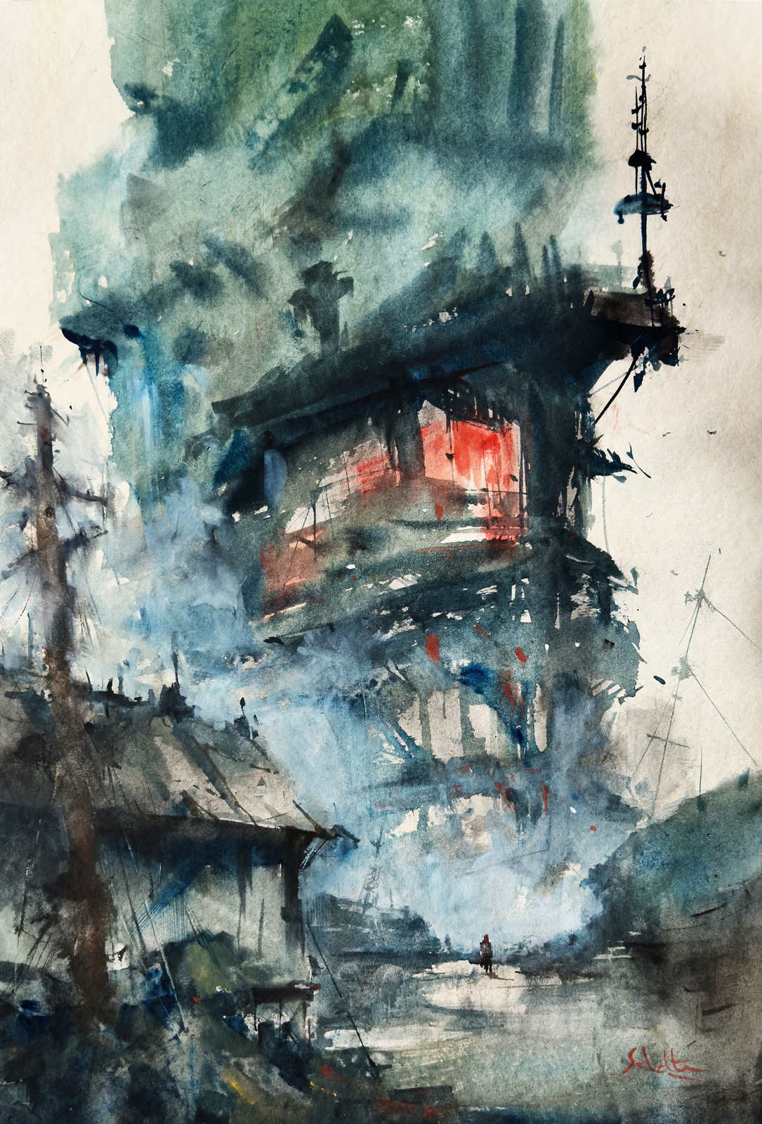 Lantern in the Mist — watercolour on paper by Robert Scholten