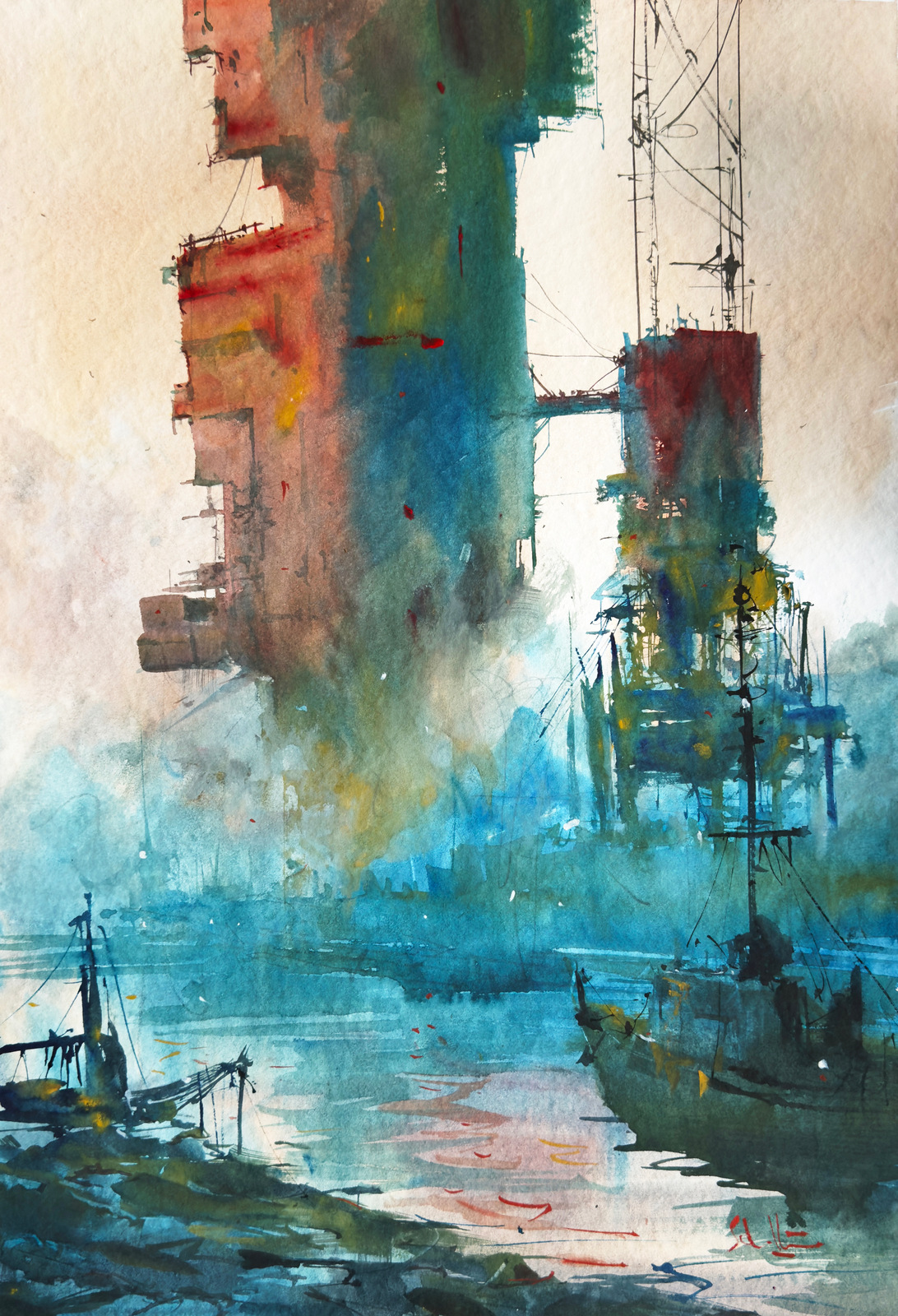 Tidelands of the High City — watercolour on paper by Robert Scholten
