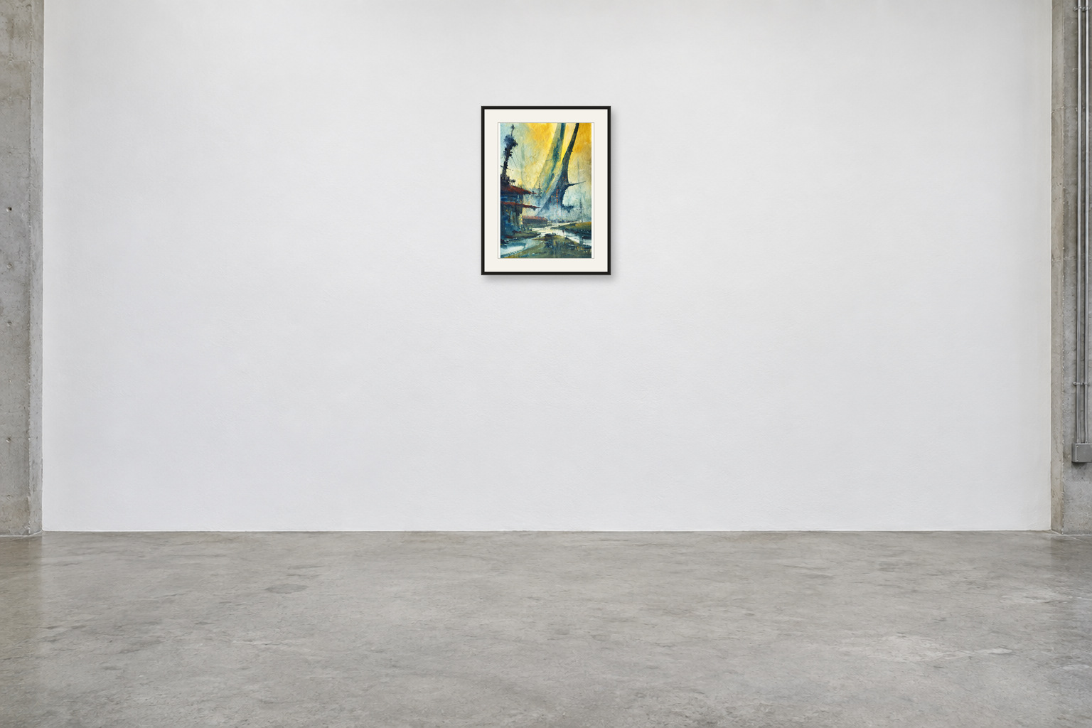 Pillars of Morning — A2 artwork shown with a black frame and white mat in a gallery