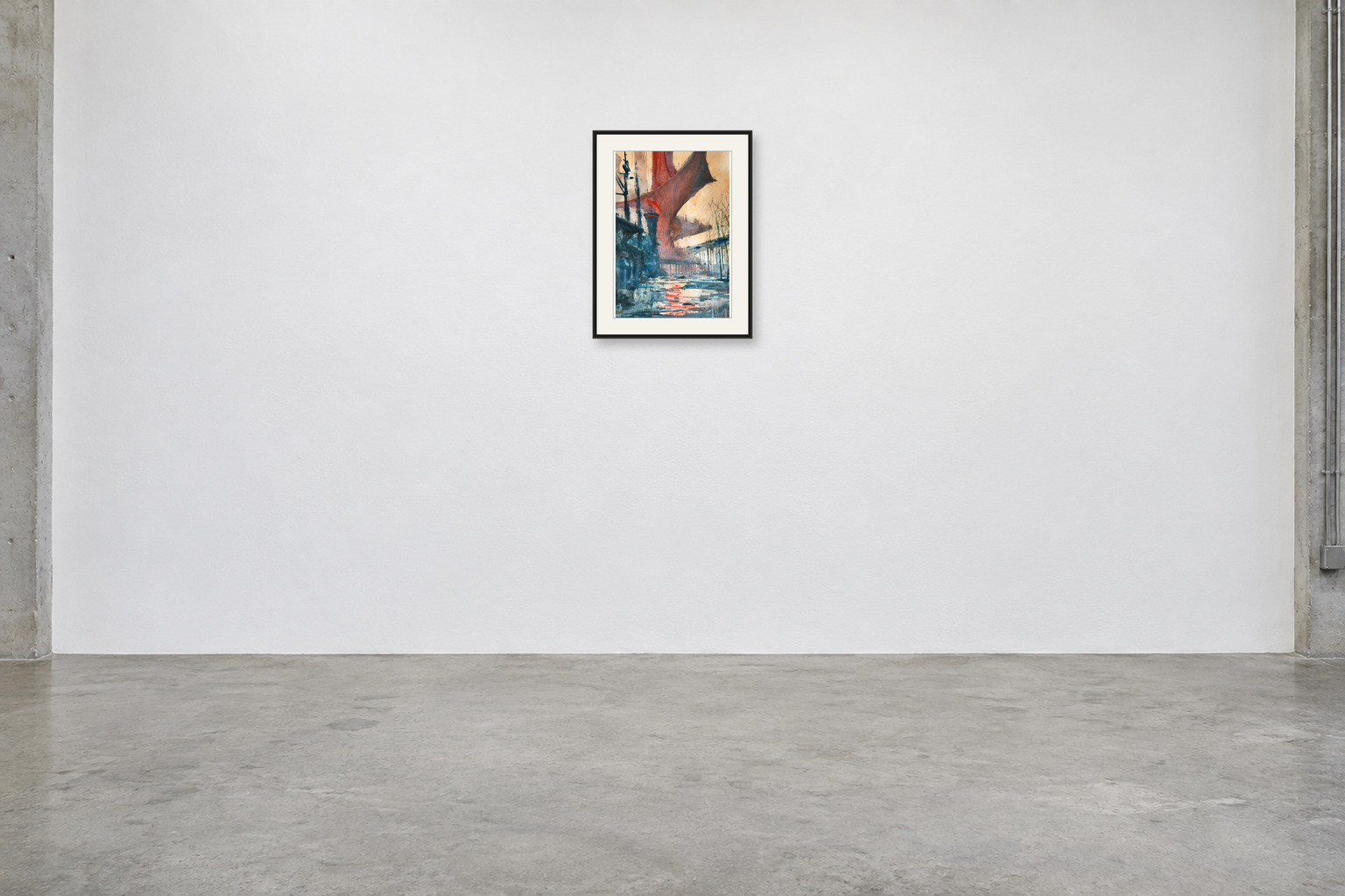 Under the Copper Span — A2 artwork shown with a black frame and white mat in a gallery