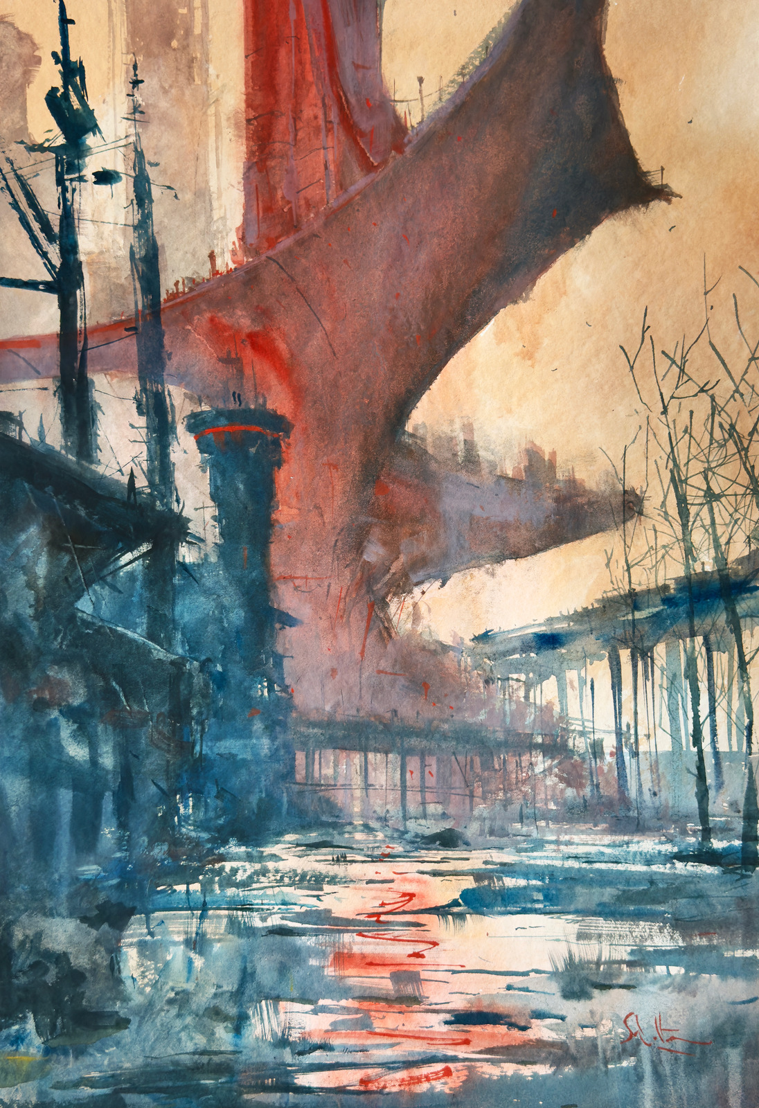 Under the Copper Span — watercolour on paper by Robert Scholten