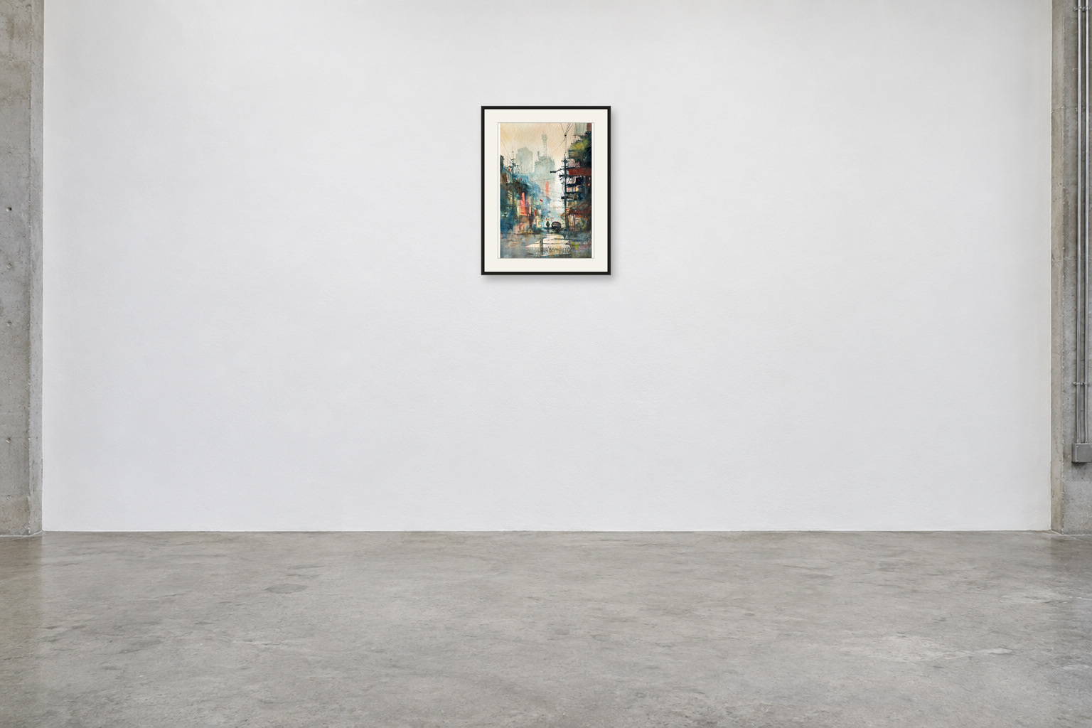 Rain District — A2 artwork shown with a black frame and white mat in a gallery