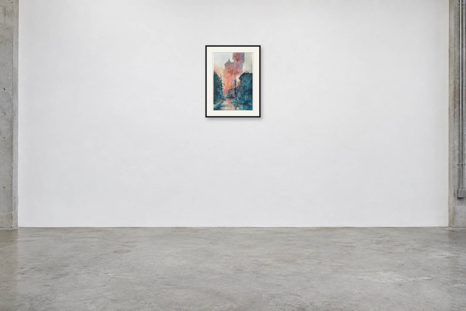 The Rose Tower — A2 artwork shown with a black frame and white mat in a gallery