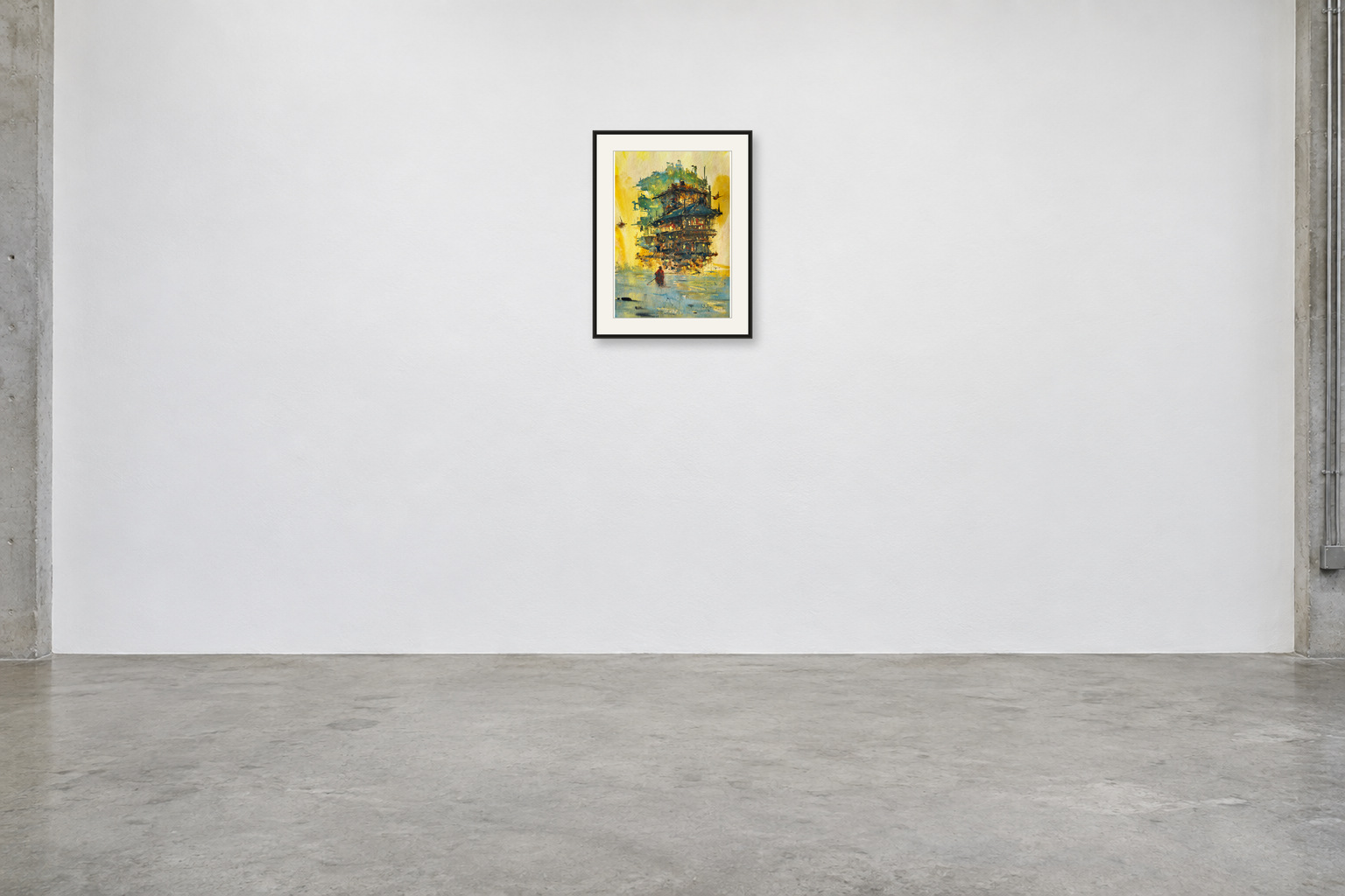 Pilgrim to the Floating Quarter — A2 artwork shown with a black frame and white mat in a gallery