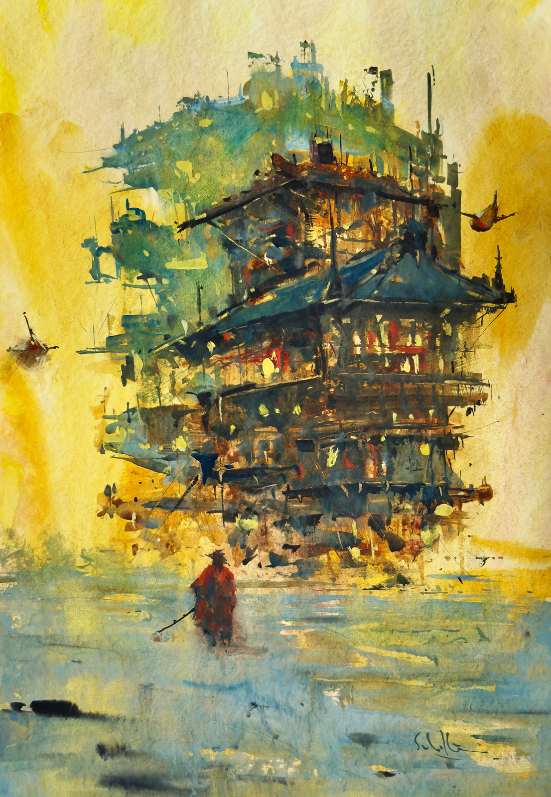 Pilgrim to the Floating Quarter — watercolour on paper by Robert Scholten