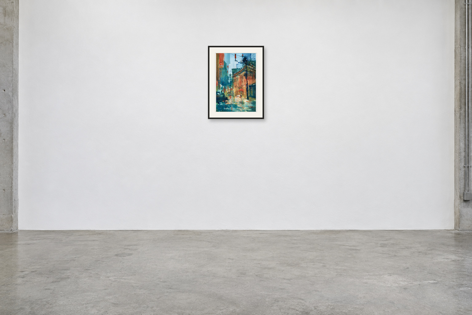 Red Umbrella, Blue Rain — A2 artwork shown with a black frame and white mat in a gallery