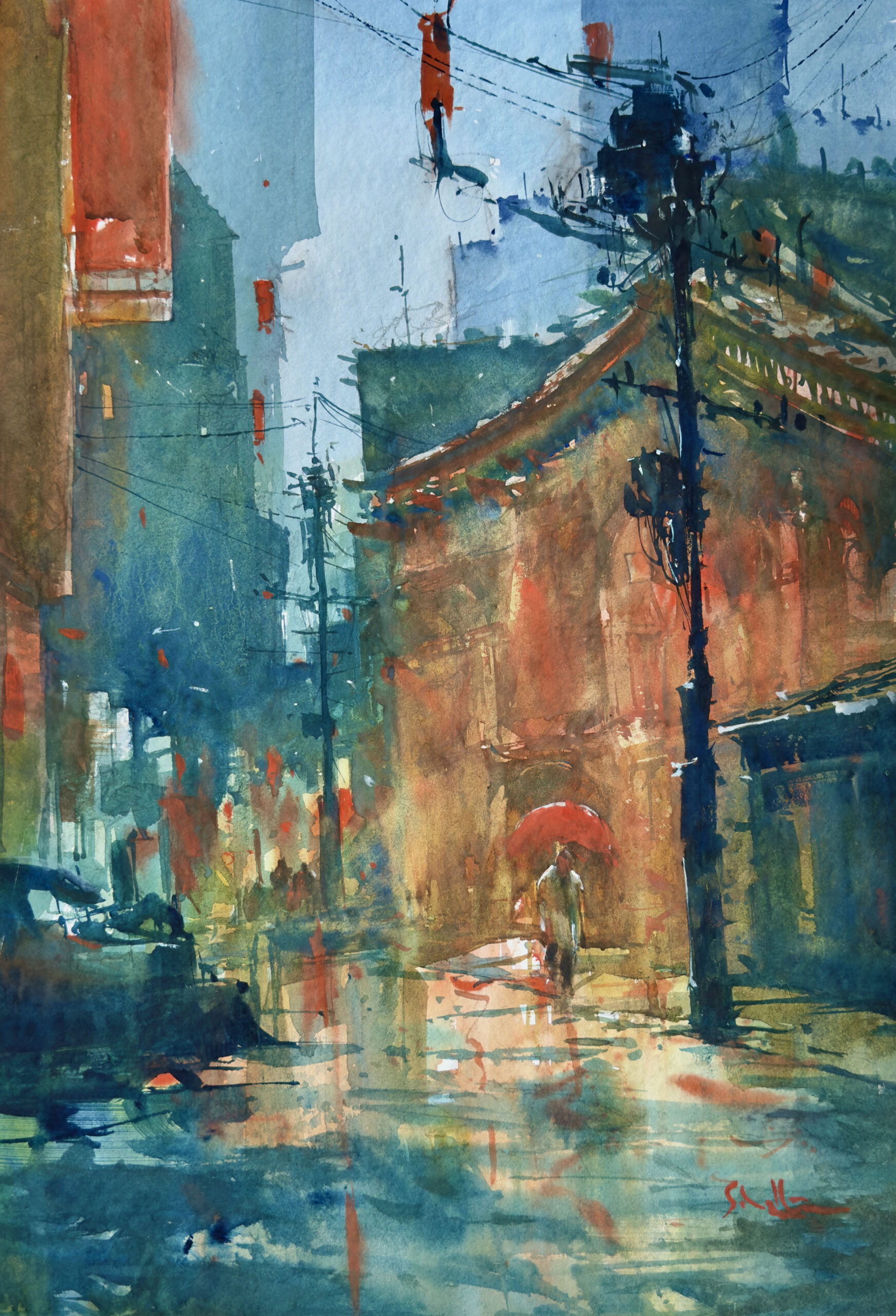 Red Umbrella, Blue Rain by Robert Scholten