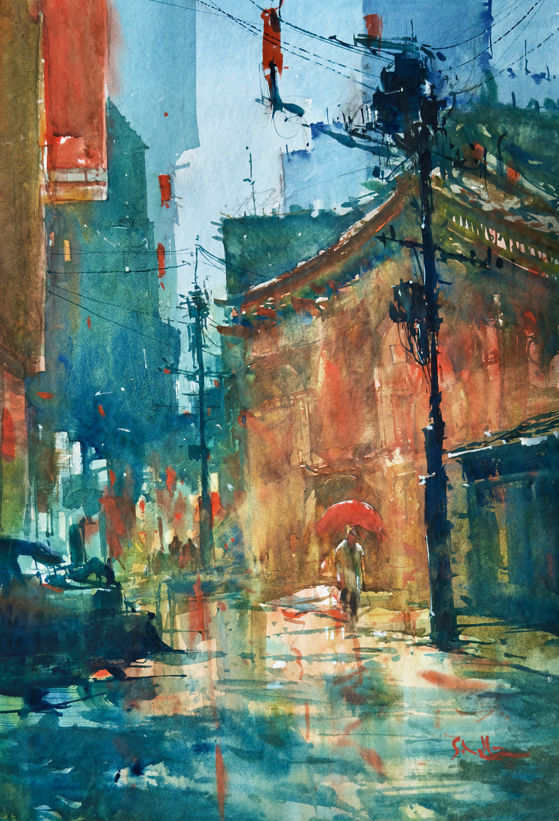 Red Umbrella, Blue Rain — watercolour on paper by Robert Scholten