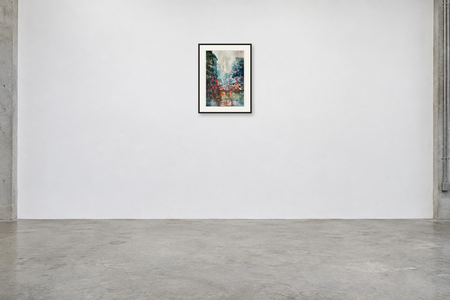After the Neon Rain — A2 artwork shown with a black frame and white mat in a gallery