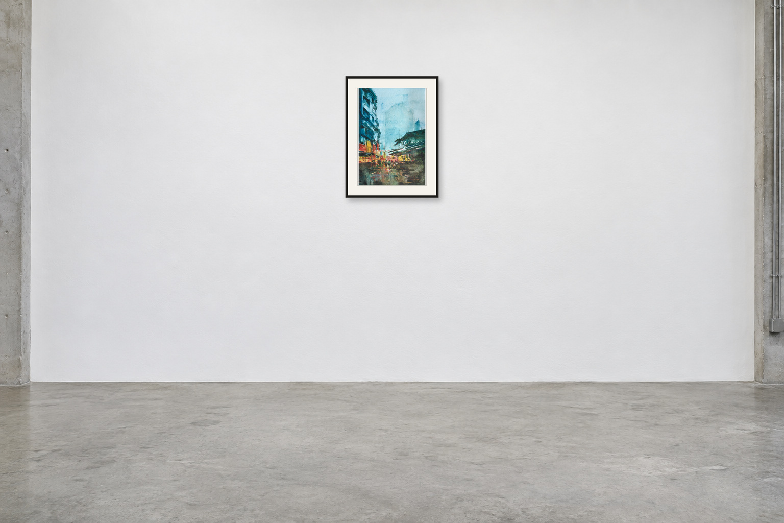 Market Under a Blue Sky — A2 artwork shown with a black frame and white mat in a gallery