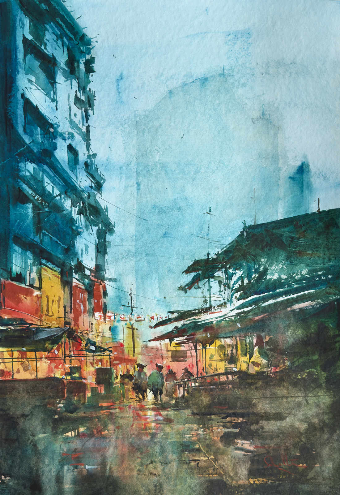 Market Under a Blue Sky — watercolour on paper by Robert Scholten