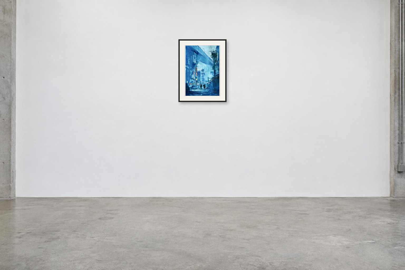 Beneath the Electric Viaduct — A2 artwork shown with a black frame and white mat in a gallery