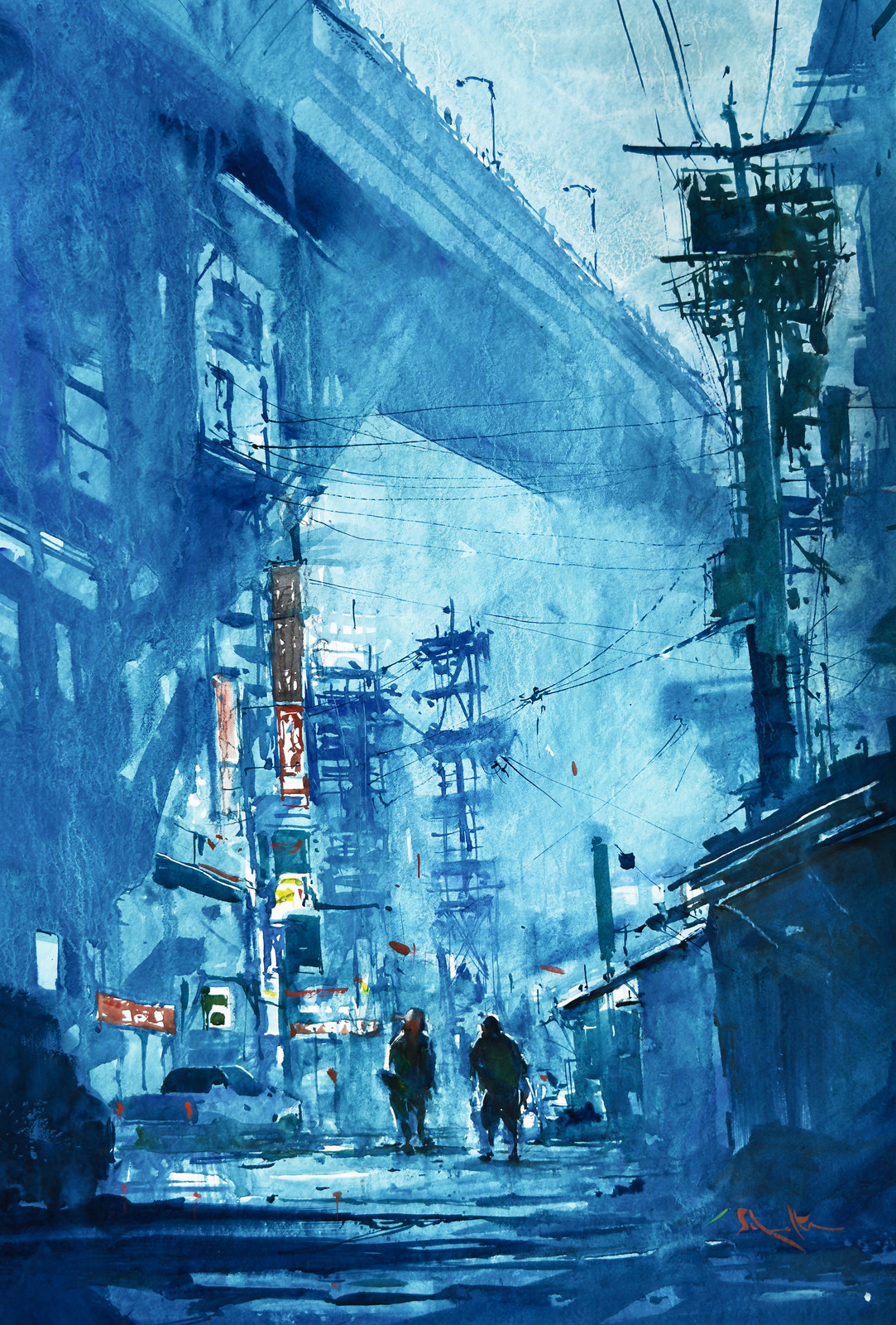 Beneath the Electric Viaduct — watercolour on paper by Robert Scholten