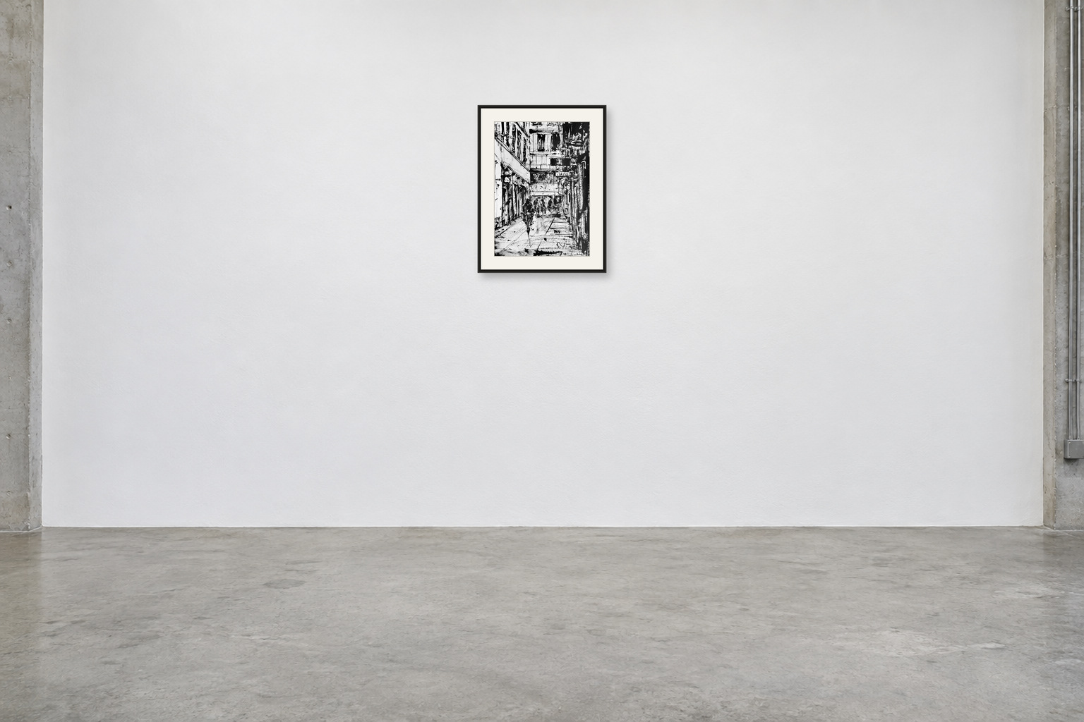 The Long Arcade — A2 artwork shown with a black frame and white mat in a gallery