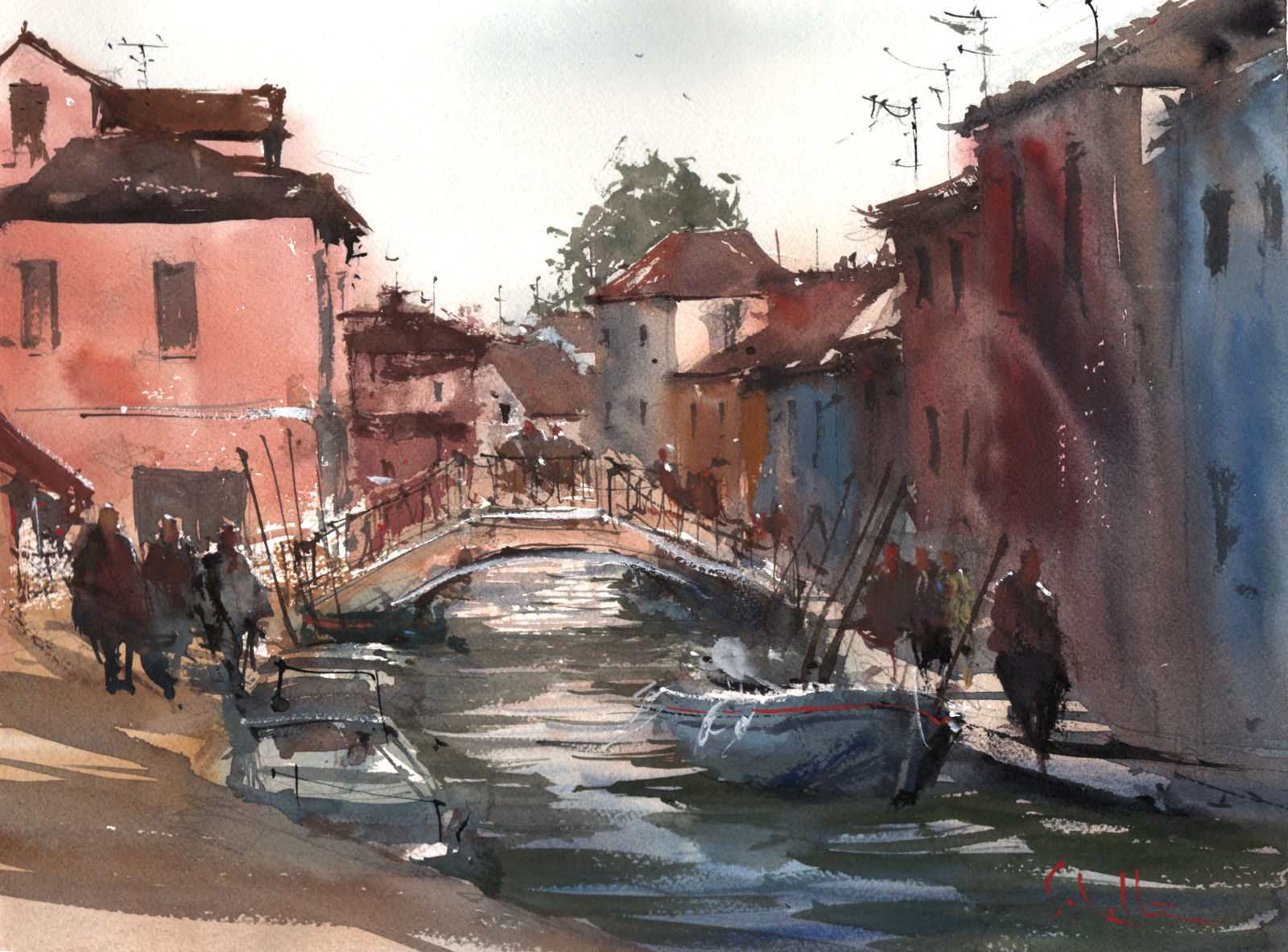 Burano Scene watercolour by Robert Scholten