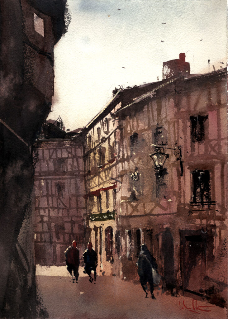 Rouen Street — watercolour by Robert Scholten