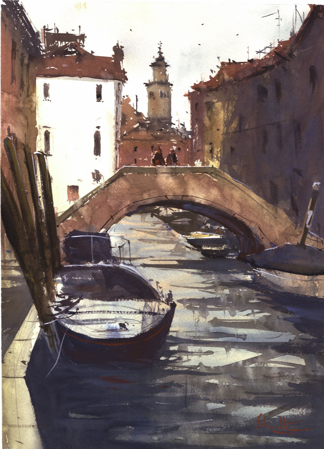 Boat Watching in Venice watercolour by Robert Scholten