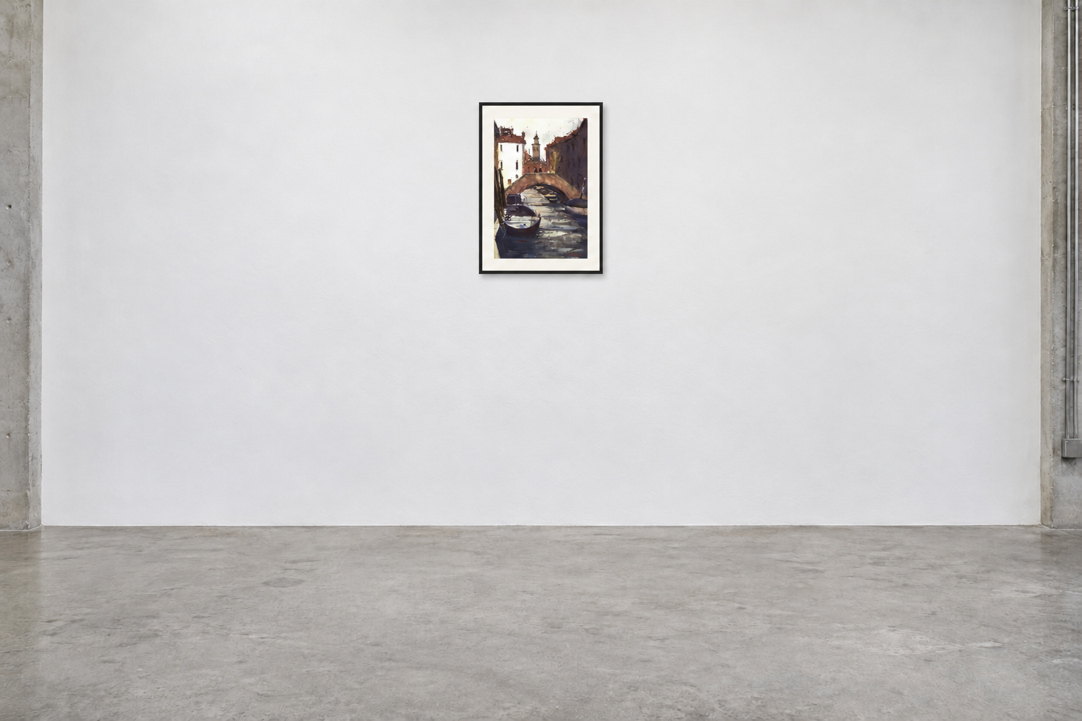 Illustrative gallery mockup of Boat Watching in Venice in a small black frame above a concrete floor