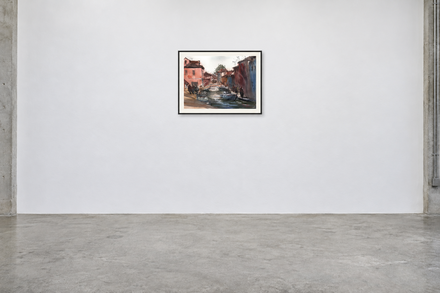 Burano Scene in an illustrative gallery setting with concrete floor